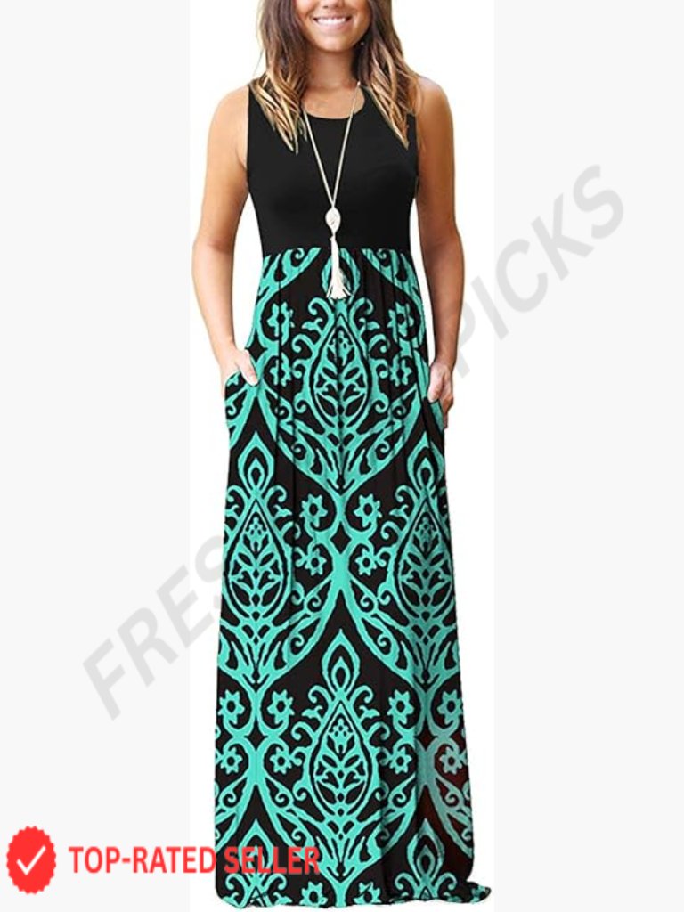 Loose Plain Maxi Dress With Pockets Sleeveless A-Line Floral